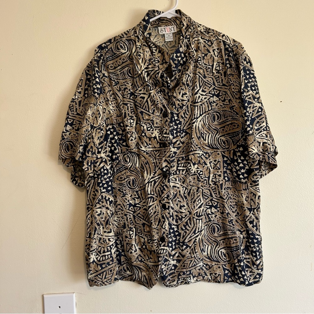 Vintage Women's Silk Black and Tan Tribal Patterned Button Down Shirt